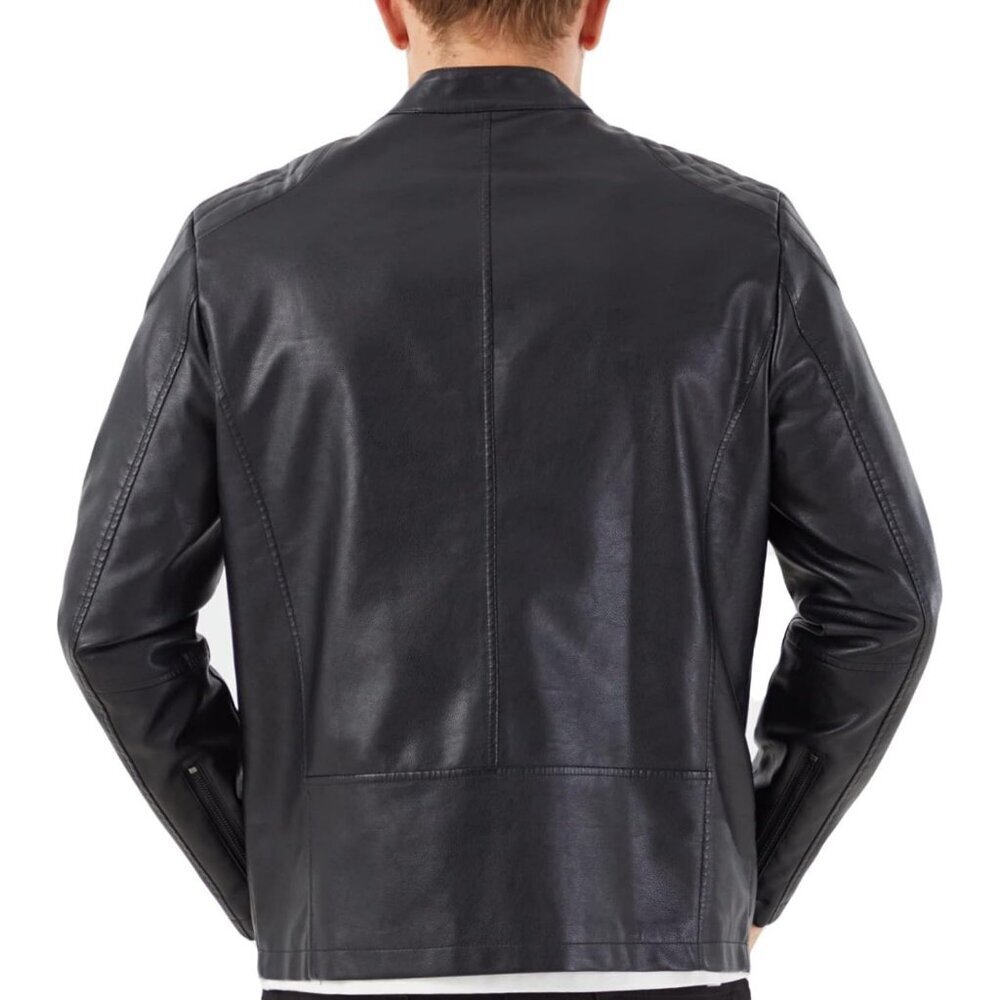 Men's Black1 Faux Leather Stand Collar Classic Zipper Slim Fit Biker Jacket - Picture 2 of 7